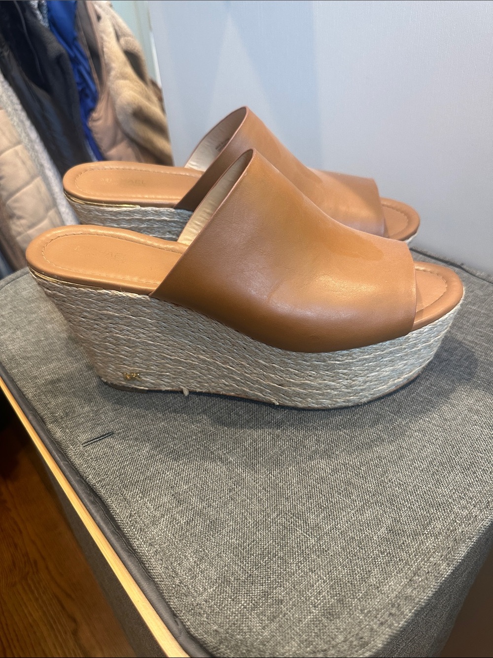 Michael Kors Wedge Slide Sandals in Tan Leather